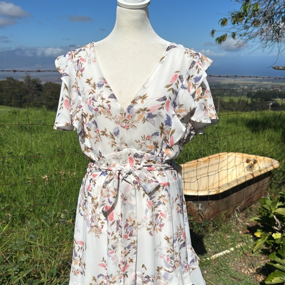City Chic Floral V-Neck Mini Dress - White and Pink - Picture 9 of 12